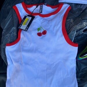 Pieces Women's White Tank Top with Red Trim and Cherry Design